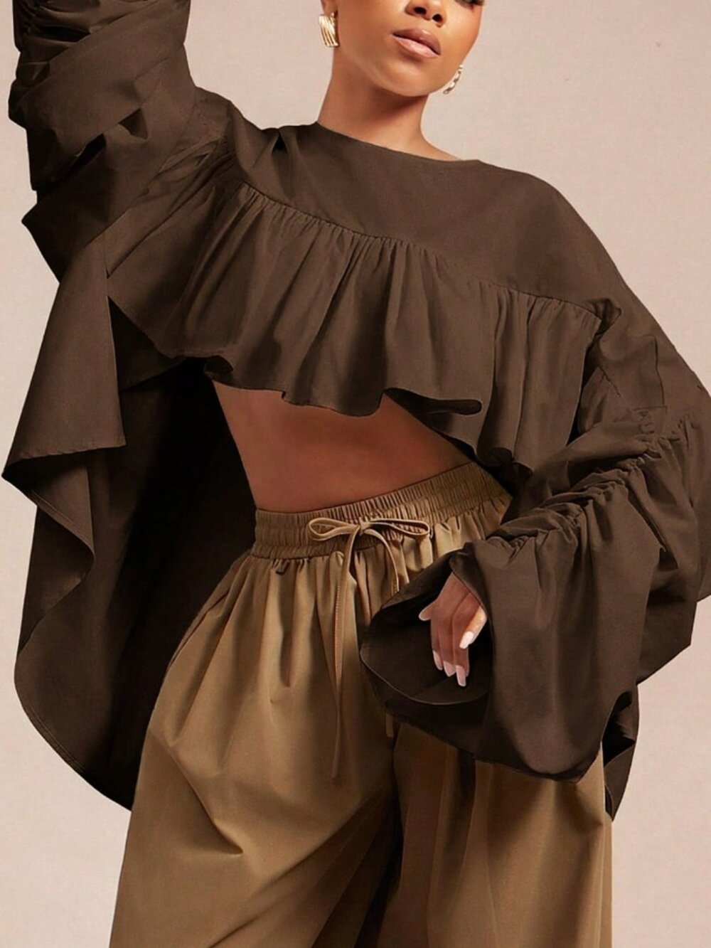 Coffee Brown Casual Women's Woven Ruched Hi Low Hem Ruffle Top